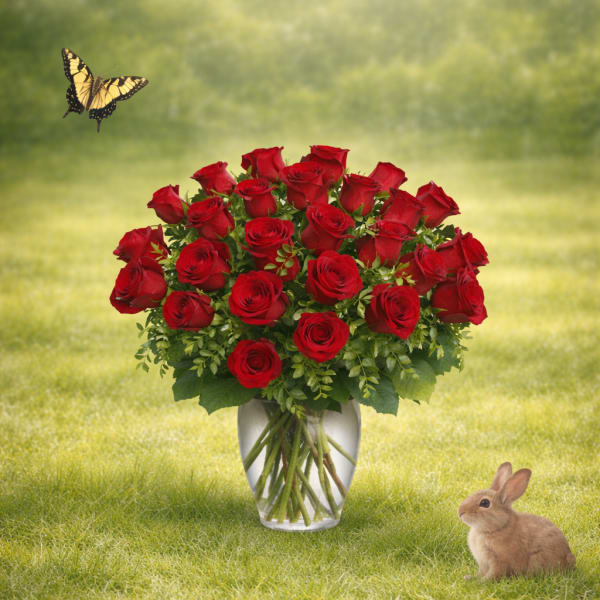 Red roses arranged in a clear vase with a butterfly and rabbit nearby