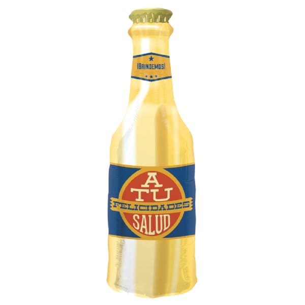 Gold bottle-shaped balloon with "Felicidades" and "Salud" text