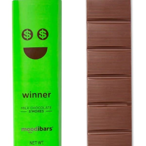 Green chocolate bar wrapper beside a segmented milk chocolate bar