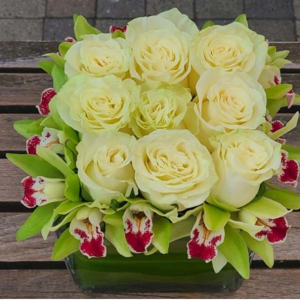 Cream roses arranged in a low glass vase with green orchids