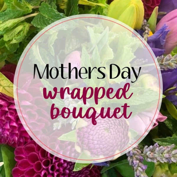 Wrapped bouquet with mixed pink, purple, and green flowers