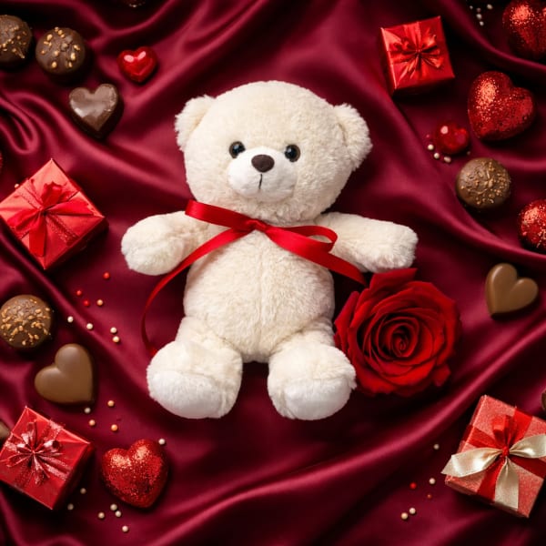 White teddy bear with red ribbon surrounded by chocolates and gift boxes