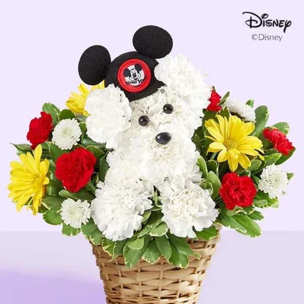 Mickey Mouse-shaped flower basket with white, red, and yellow blooms