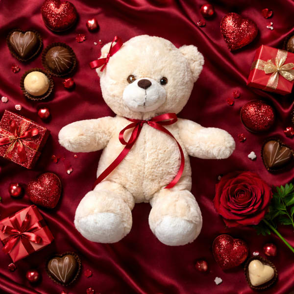 Teddy bear with red ribbon surrounded by chocolates, gift boxes, and heart decorations