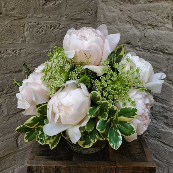 White peonies arranged in a low glass bowl with green-and-cream foliage