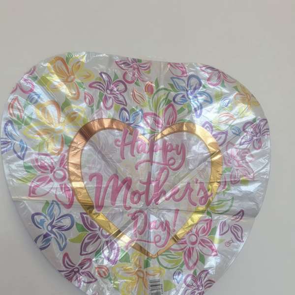 Heart-shaped balloon with floral pattern and "Happy Mother's Day" text