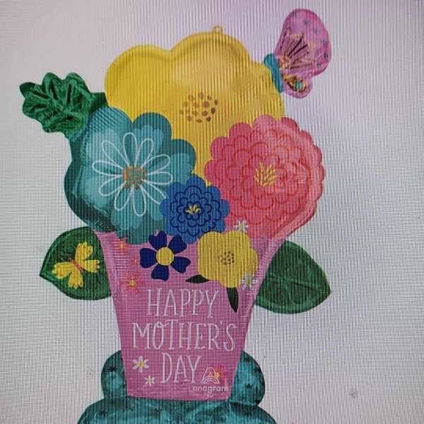 Mother's Day flower-shaped balloon bouquet with colorful blooms and a pink card