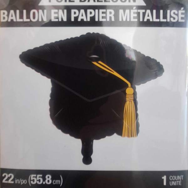 Black graduation cap-shaped foil balloon with a gold tassel