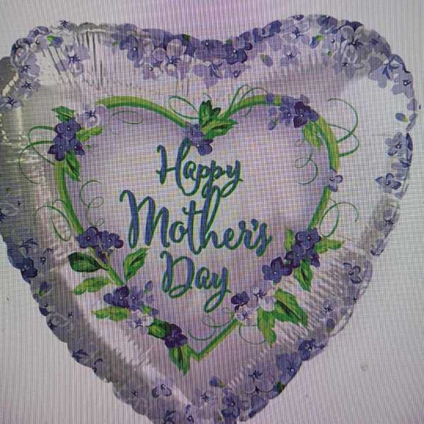 Heart-shaped balloon with purple flowers and "Happy Mother's Day" text