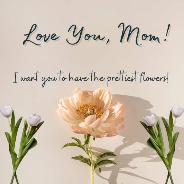Peach flower with two white tulips and a Mother's Day message