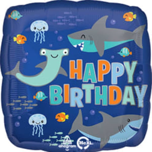 Blue birthday balloon with sharks and sea creatures