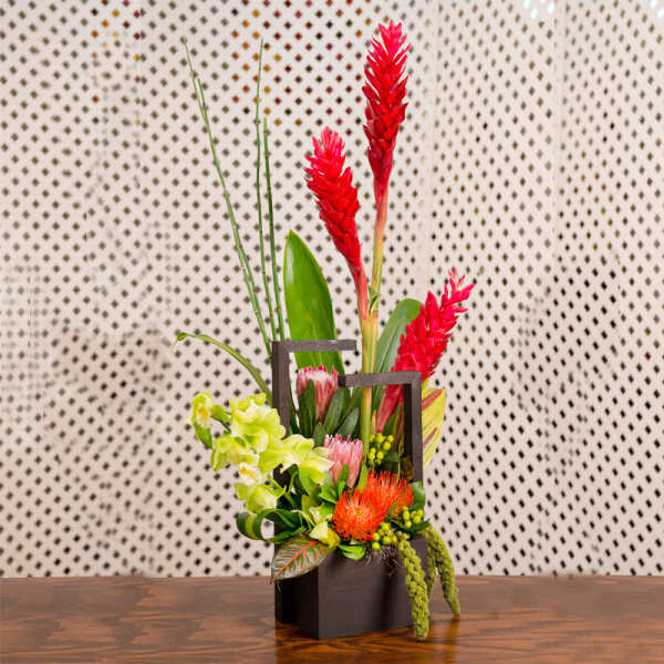 Tropical floral arrangement with red and green blooms in a black container