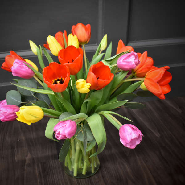 Bouquet of red, yellow, and pink tulips in a glass vase