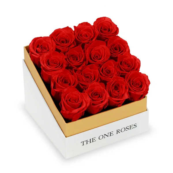 Box of red roses in a white and gold gift box