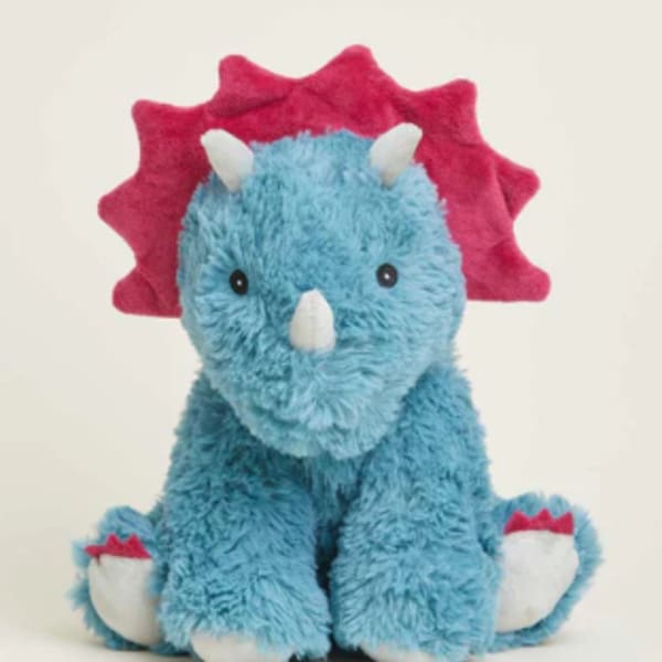 Blue plush triceratops toy with pink frill and white horns