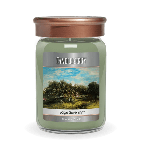 Green jar candle with copper-tone lid and a landscape label reading Sage Serenity.