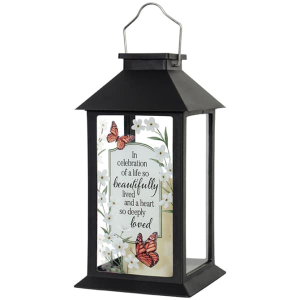 Black memorial lantern with floral and butterfly printed insert