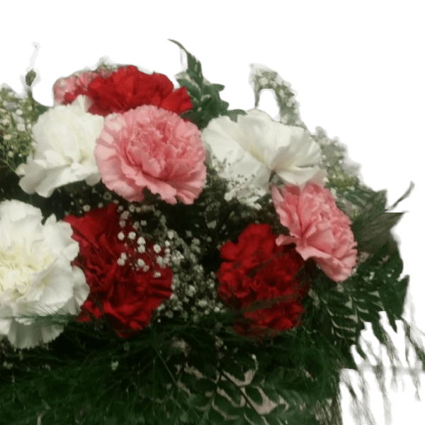 Arrangement of red, pink, and white carnations with baby's breath