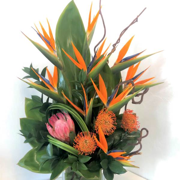 Tropical flower arrangement with orange bird of paradise and pink protea in a glass vase