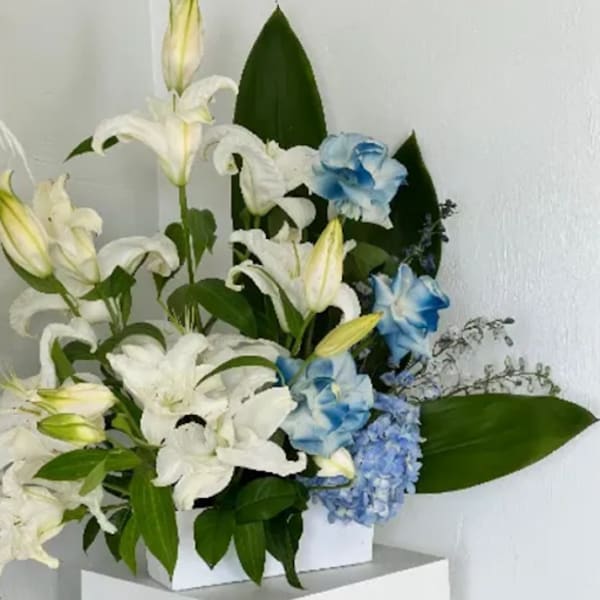 White lilies and blue hydrangeas arranged in a white box