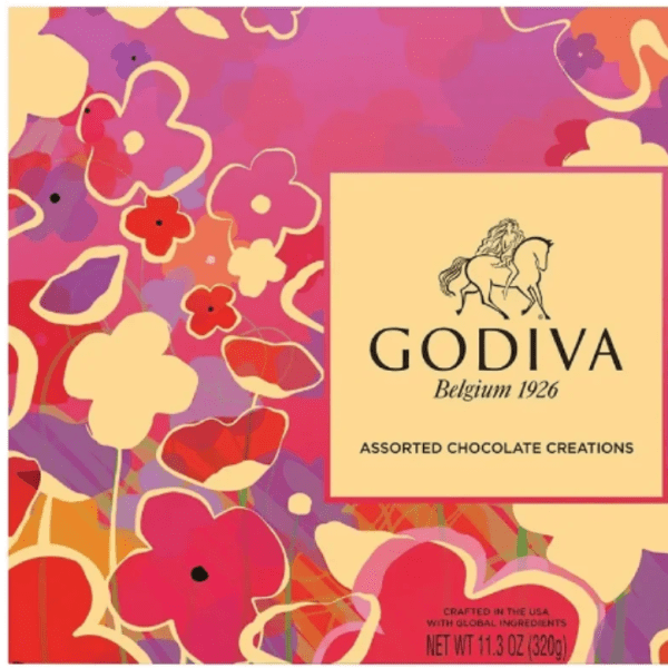 Godiva assorted chocolate box with a colorful floral pattern