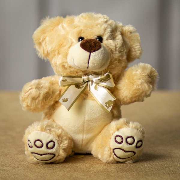 Plush teddy bear with a ribbon bow sitting on a neutral surface