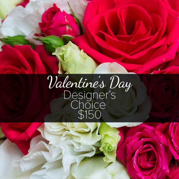 Bouquet of red and white roses with Valentine's Day text overlay