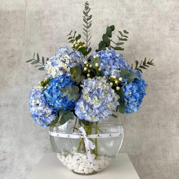 Blue hydrangea bouquet in a round glass vase with white stones