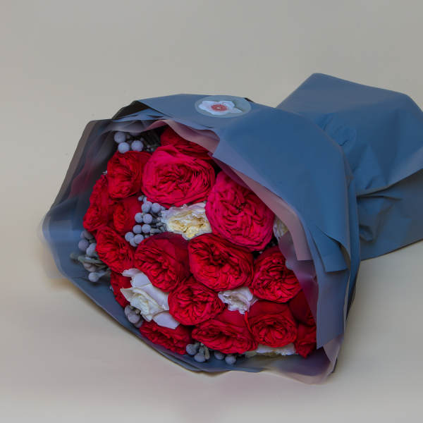 Bouquet of red and white roses wrapped in blue paper