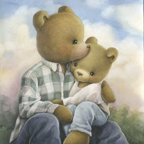 Two teddy bears hugging, one holding the other in a plaid shirt
