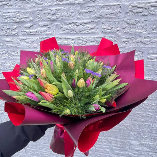 Bouquet of multicolored tulips wrapped in burgundy and pink paper