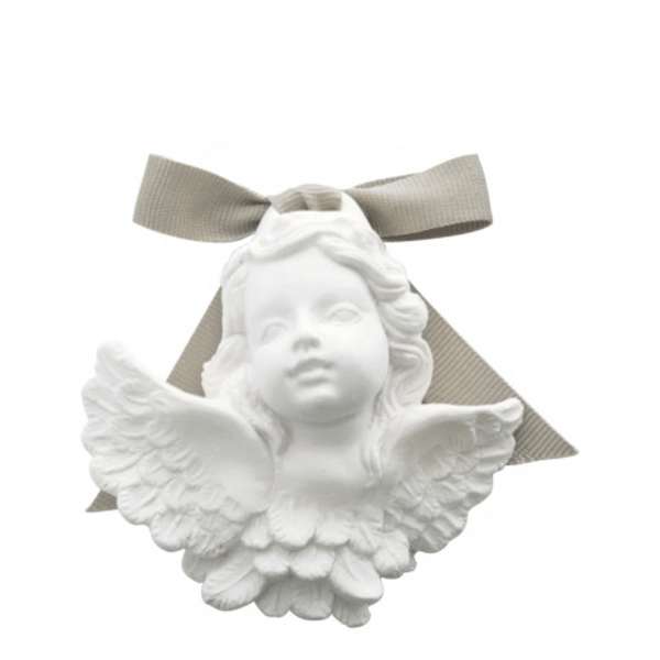 White angel ornament with a beige ribbon bow