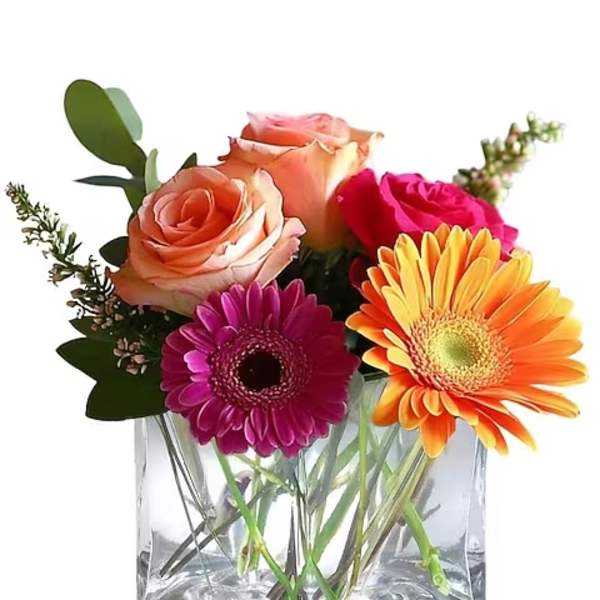 Mixed bouquet of roses and gerbera daisies in a clear square vase