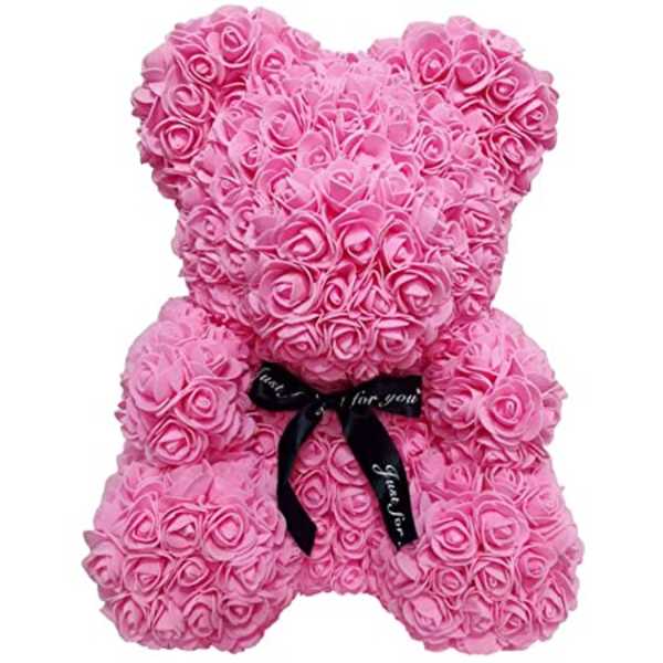 Pink rose teddy bear with a black ribbon bow
