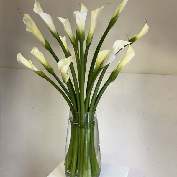 White calla lilies in a clear glass vase