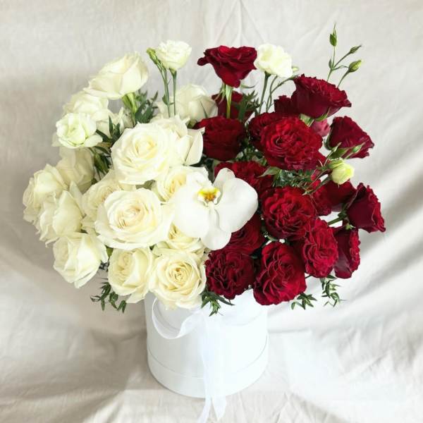Red and white roses arranged in a white hat box