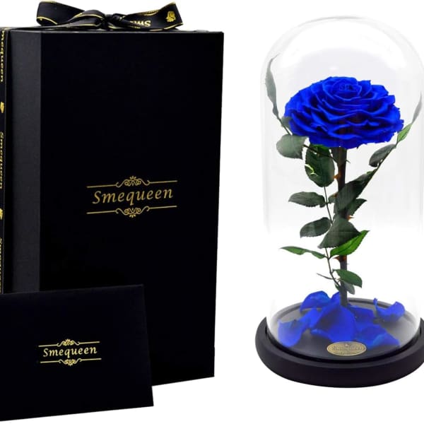 Blue rose under a glass dome beside a black gift box