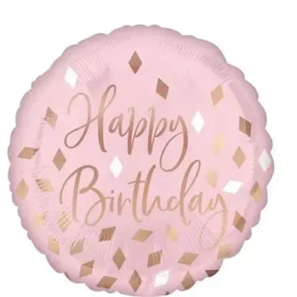 Pink birthday balloon with gold diamond pattern and "Happy Birthday" text