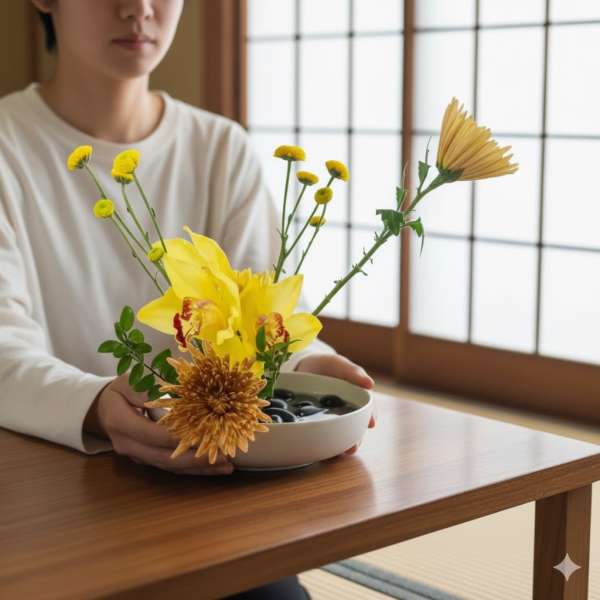 Person holding a small yellow flower arrangement in a bowl
