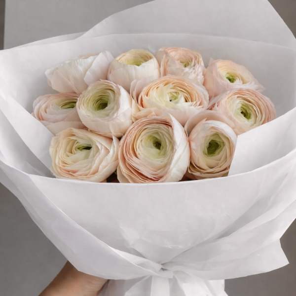 Bouquet of pale peach ranunculus wrapped in white paper