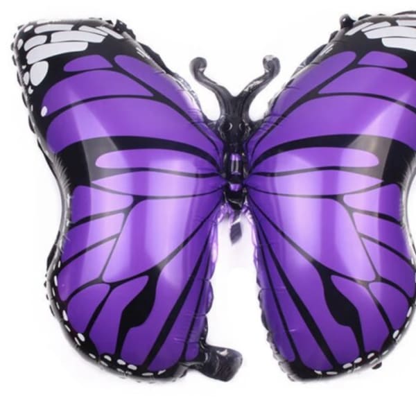 Purple butterfly-shaped foil balloon with black and white wing details