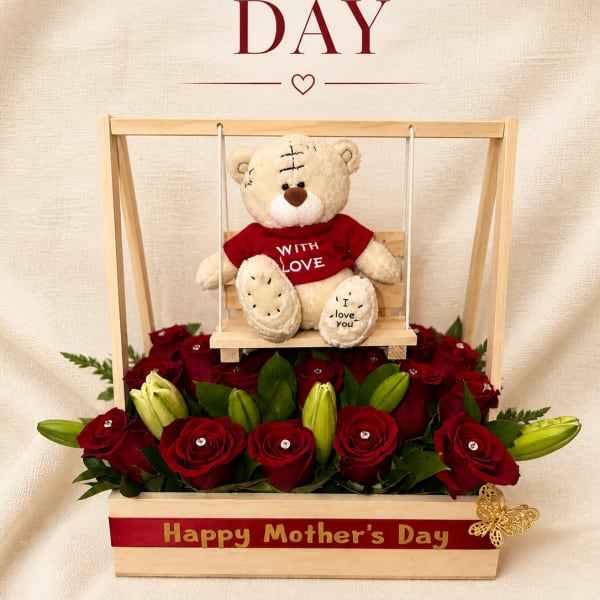 Wooden box with rocking chair, roses and lilies, small teddy bear, Happy Mother's Day ribbon