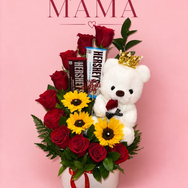 Spiral of roses, sunflowers, Hershey's chocolates, beautiful teddy bear with a golden crown, (2 available)