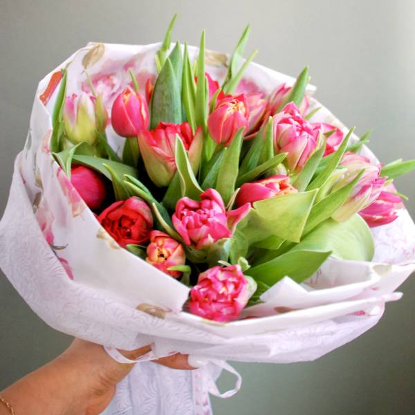 Bouquet of pink and red tulips wrapped in white paper