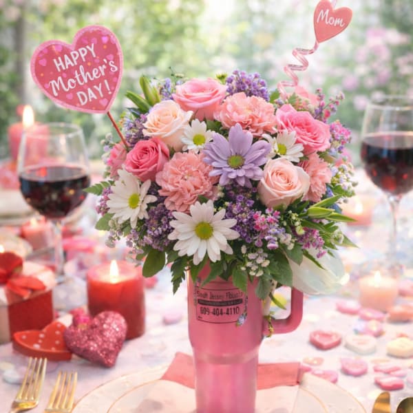 Pink floral arrangement in a mug with Mother's Day picks