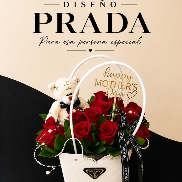 ELEGANT DESIGN (Prada) roses, Happy Mother's Day topper, Prada metal ribbon and logo, small teddy bear