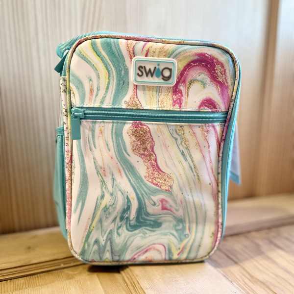 Marbled pastel lunch bag with a front zipper and teal trim
