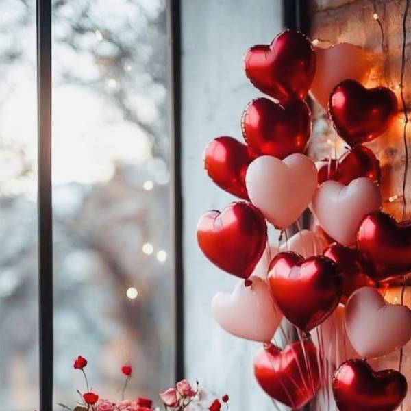 Pink rose bouquet beside red and white heart balloons and gift boxes