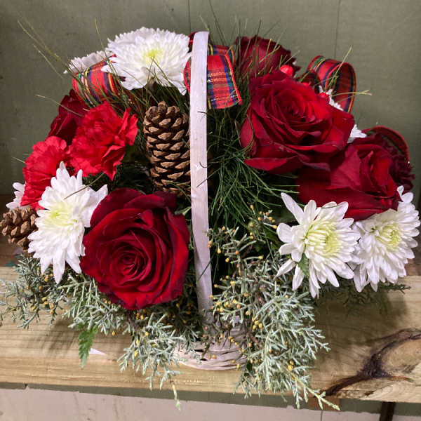 Basket arrangement of red roses and white daisies with pinecones and plaid ribbon