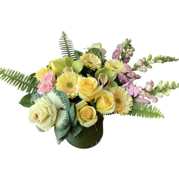 Yellow roses and pink flowers in a dark vase